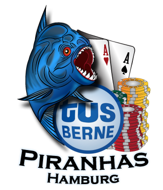 Wappen der Poker Piranhas Hamburg: ein blauer Piranha mit zwei Assen und gestapelten Jetons, darunter der Schriftzug tus BERNE